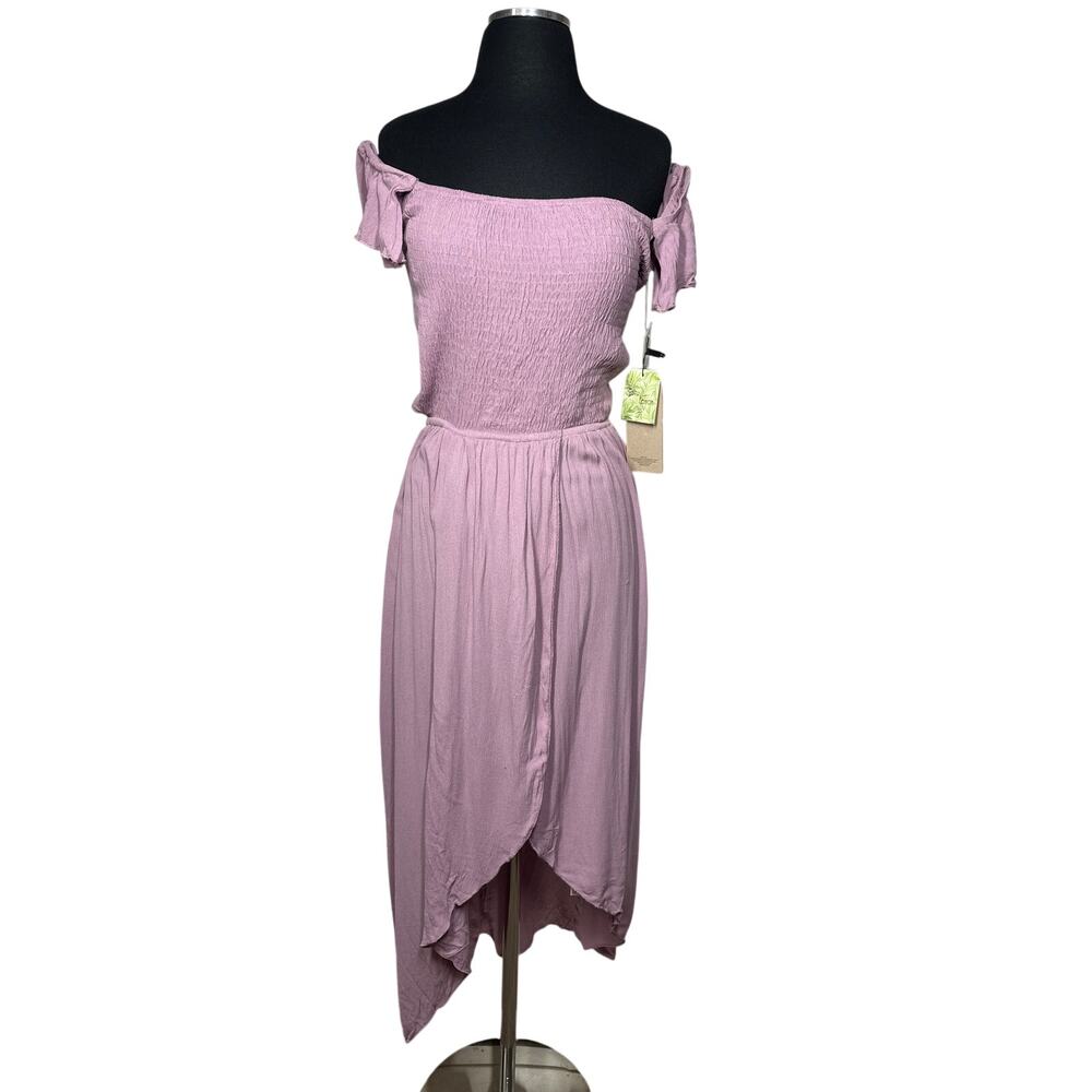 Salty Lemon Off Shoulder High Low Maxi Dress Crinkle Boho Flowy Style Mauve Sz L